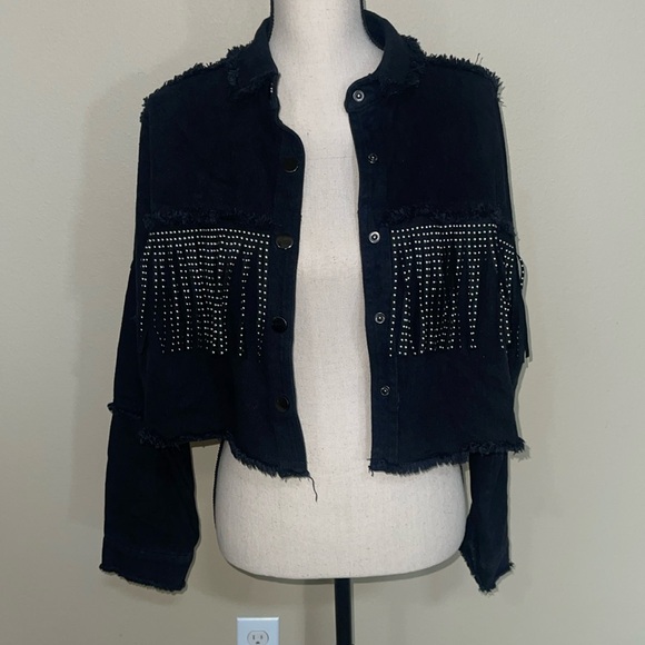 Melrose With Love Jackets & Blazers - Black denim fringe studded cropped jacket new with tag size small